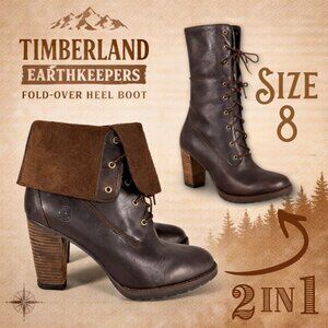 Timberland Women’s Leather Lace-Up Boots 8 Brown 3.5" Heel Fold-Over Cuff